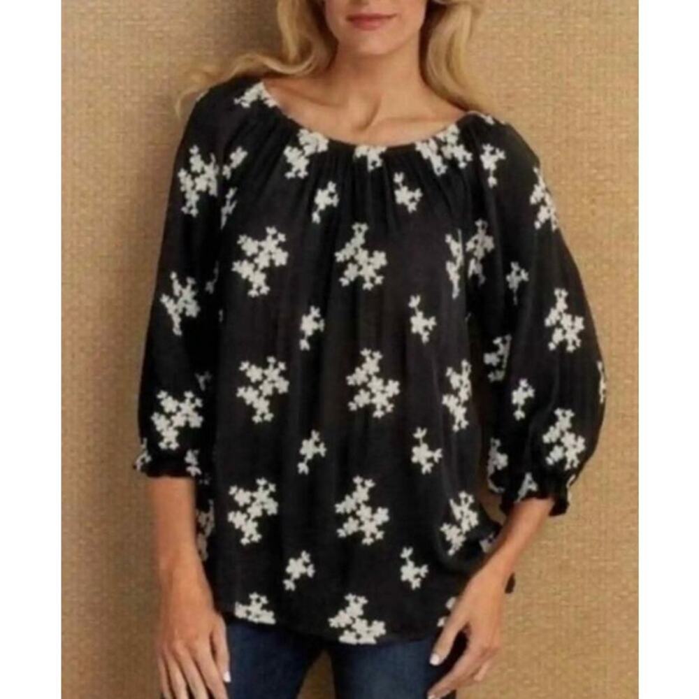 Soft Surroundings Black Avignon Floral Embroidered Tunic Top Large